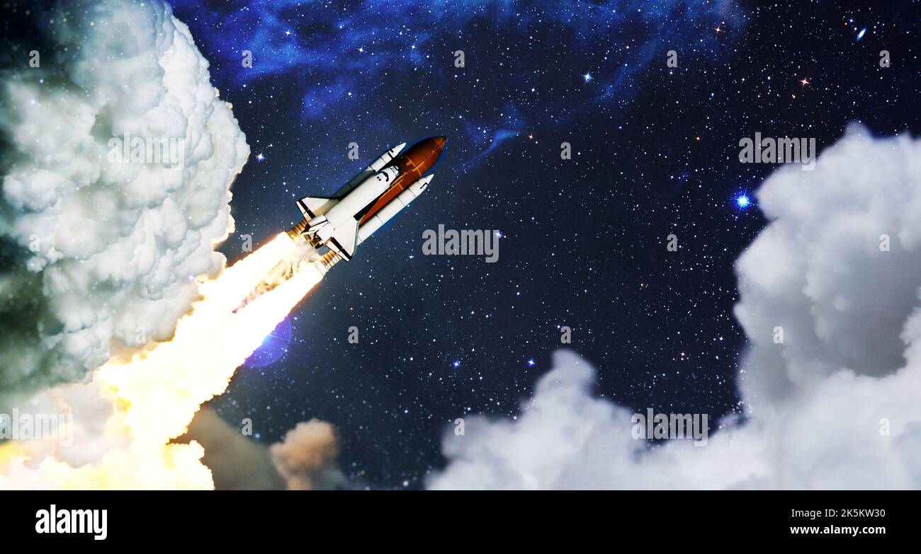 Shuttle launch in the clouds to outer space. Dark space with stars on ...