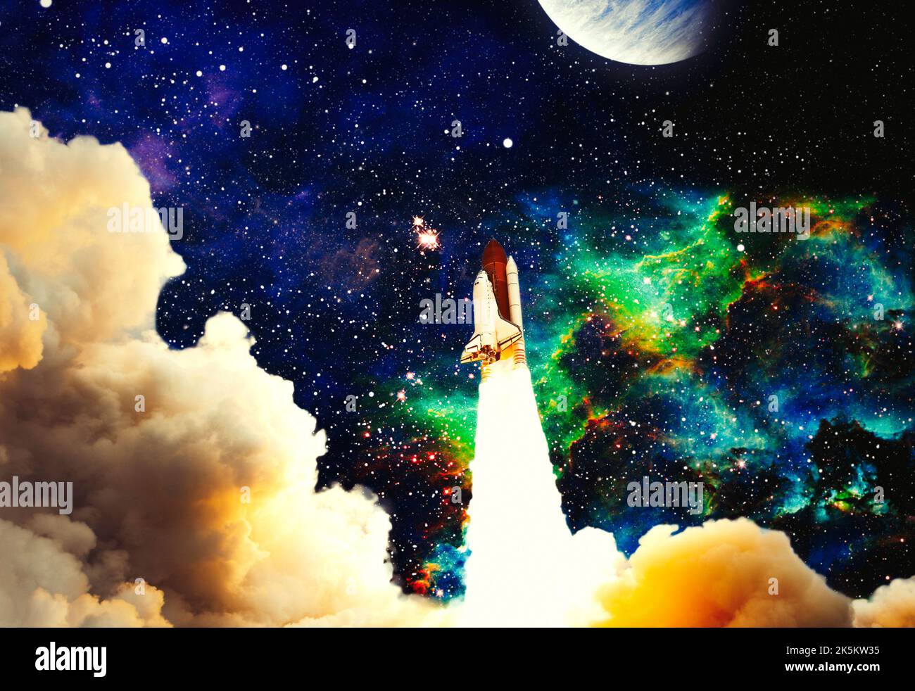 Shuttle launch in the clouds to outer space. Dark space with stars on ...