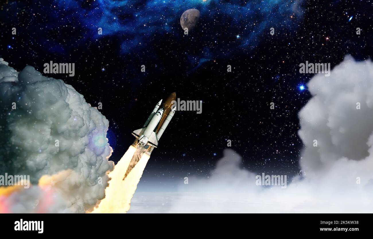 Shuttle launch in the clouds to outer space. Dark space with stars on ...
