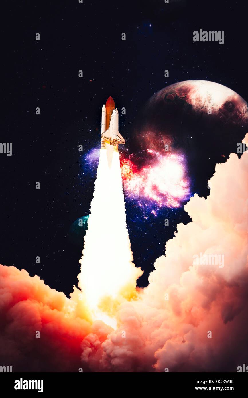 Shuttle launch in the clouds to outer space. Dark space with stars on ...