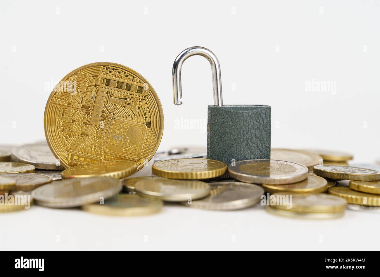 Bitcoin coin and lock on coins. bitcoin transfer ban. Stock Photo