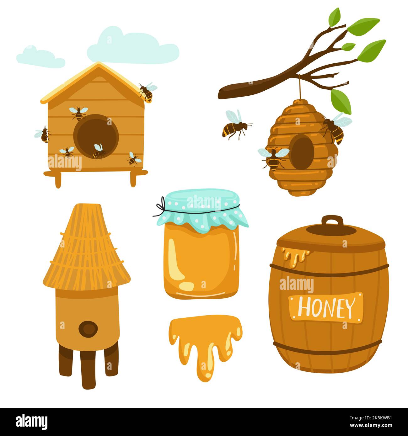 Honey Production Apiary Farm Products and Equipment, Glass Jars, Bee Hive on Tree, Wooden Dipper and Barrel with Bowl, Honeycombs, Sweet Liquid, Healt Stock Vector
