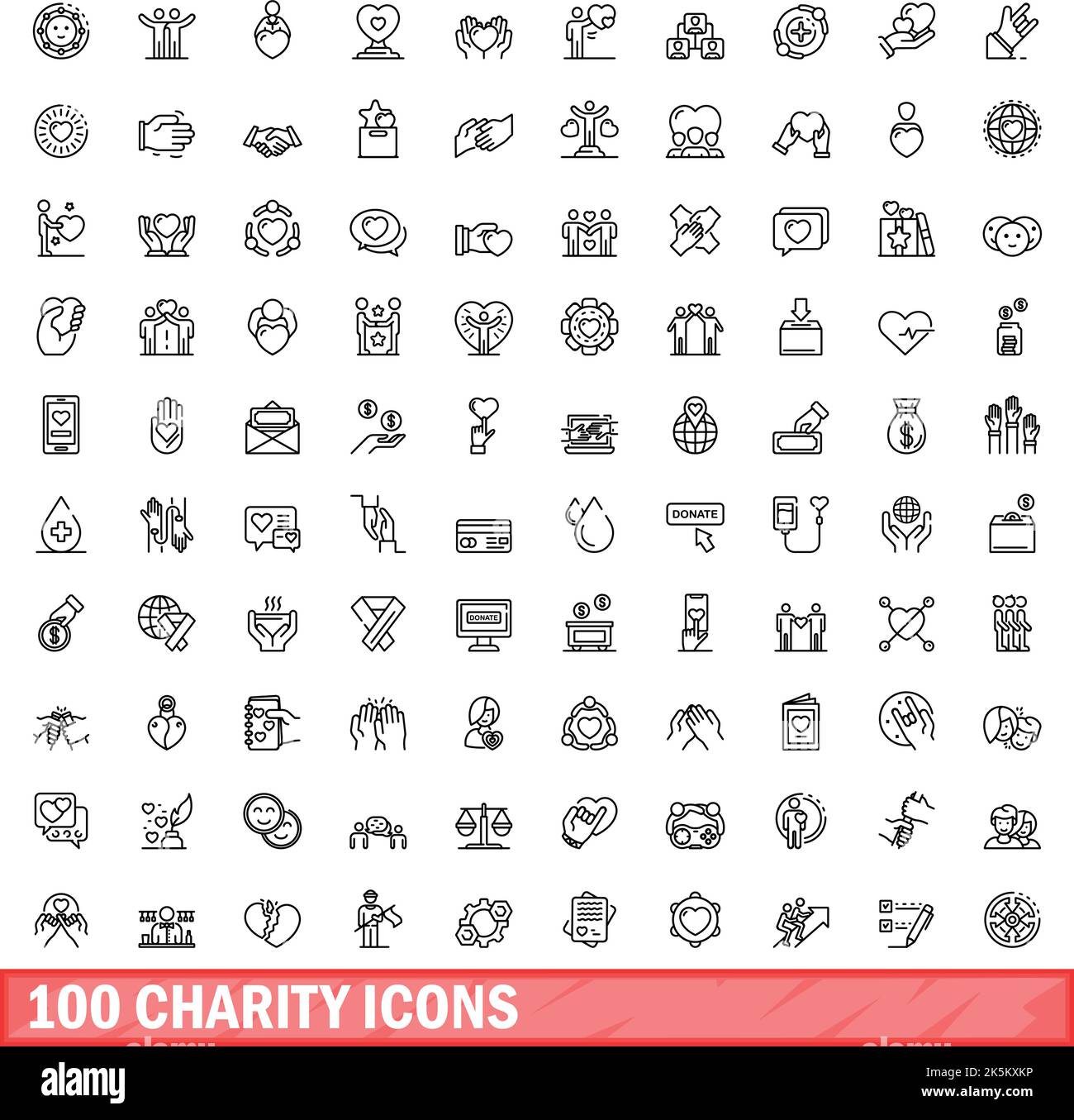100 charity icons set. Outline illustration of 100 charity icons vector ...