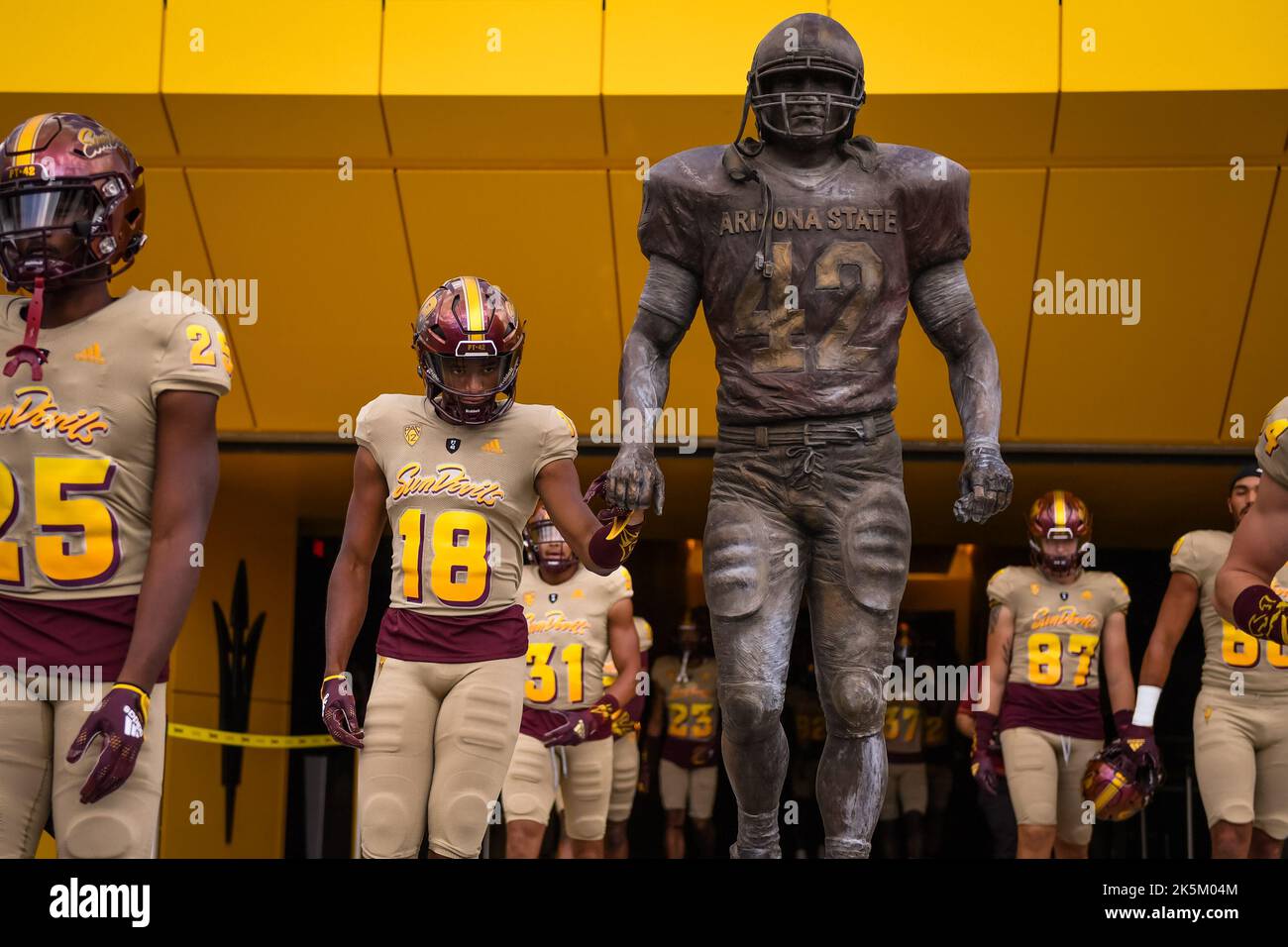 Tempe, United States. 08th Oct, 2022. Arizona State wide receiver Patrick  Williams II (18) touches the Pat Tillman statue before taking the field  before an NCAA college football game against the Washington