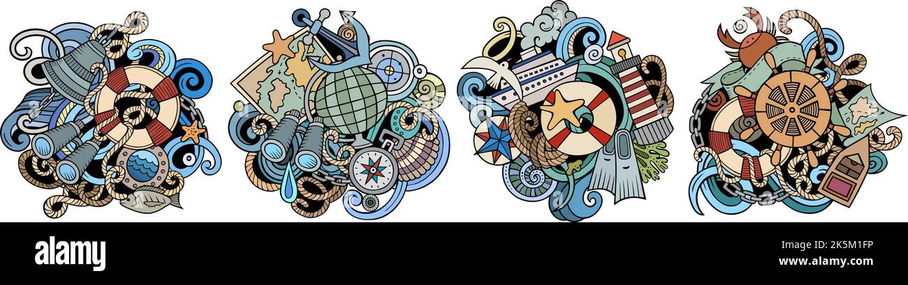 Nautical cartoon vector doodle designs set Stock Vector
