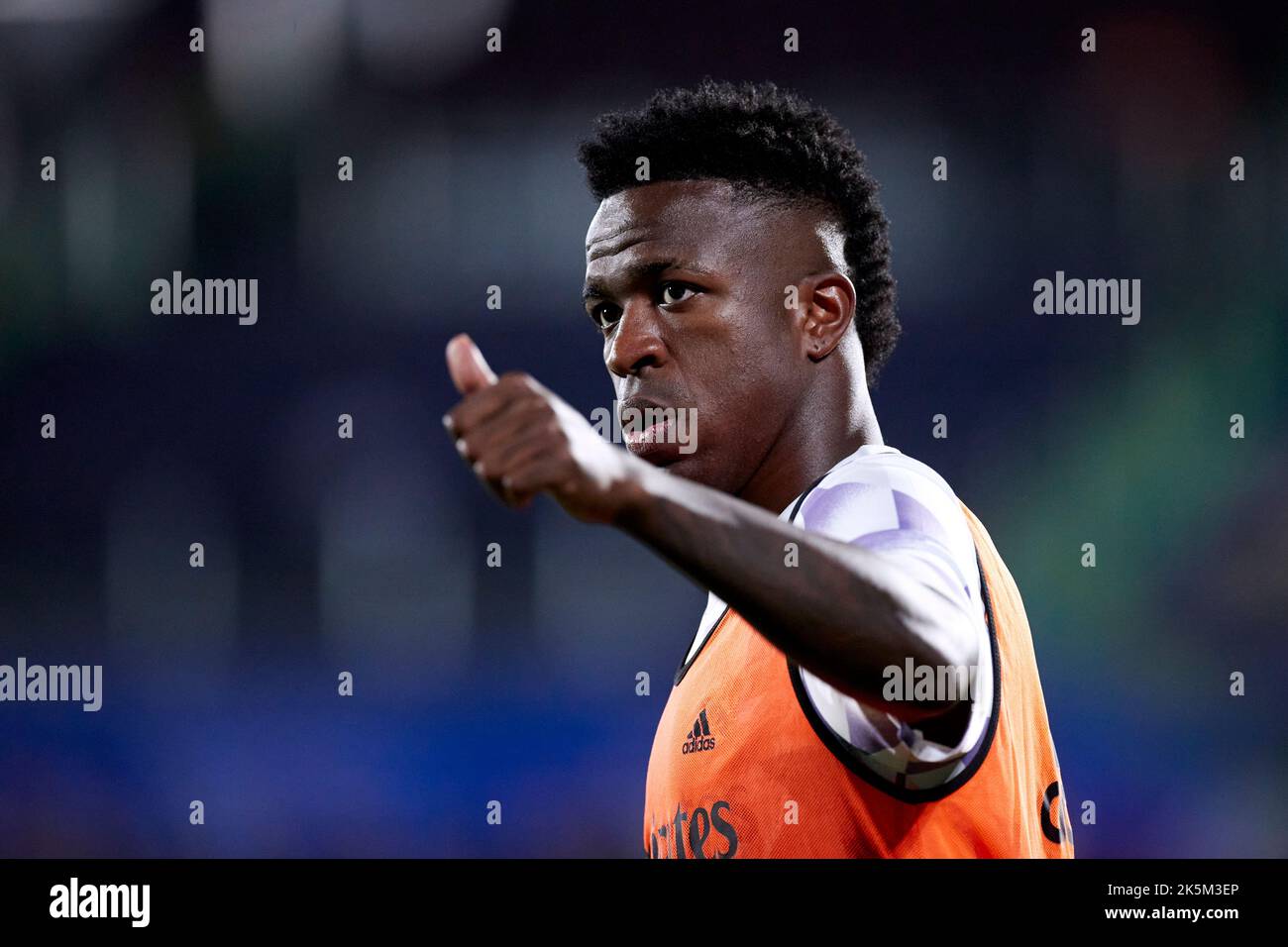 MADRID, SPAIN - OCTOBER 08: Vinicius Jr of Real Madrid CF reacts prior the La Liga Santander match between Getafe CF and Real Madrid CF on October 08, 2022 at Coliseum Alfonso Perez in Madrid, Spain. Credit: Ricardo Larreina/AFLO/Alamy Live News Stock Photo