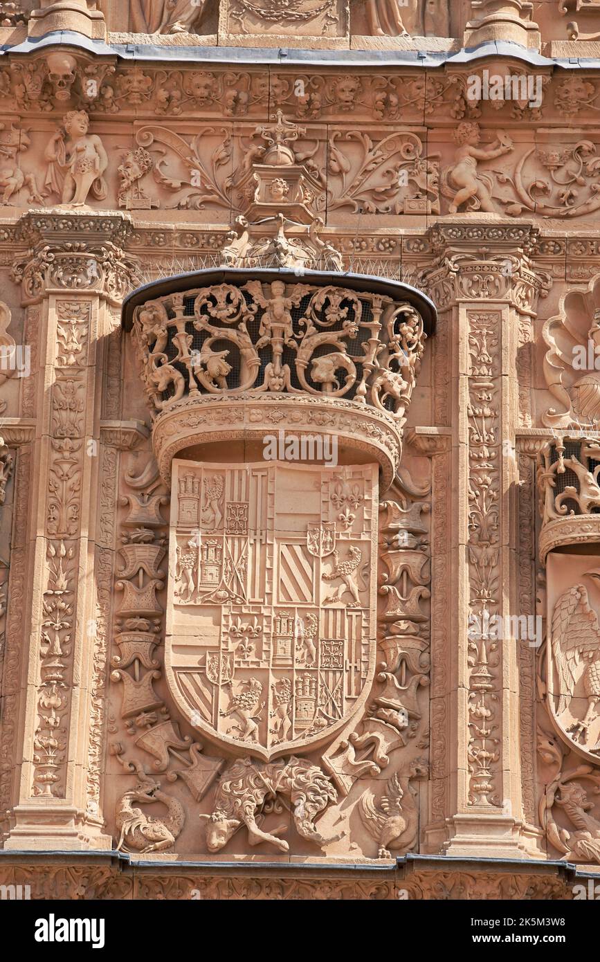 Architectural Detail in the Facade of the University of Salamanca, Salamanca City, Spain, Europe. Stock Photo