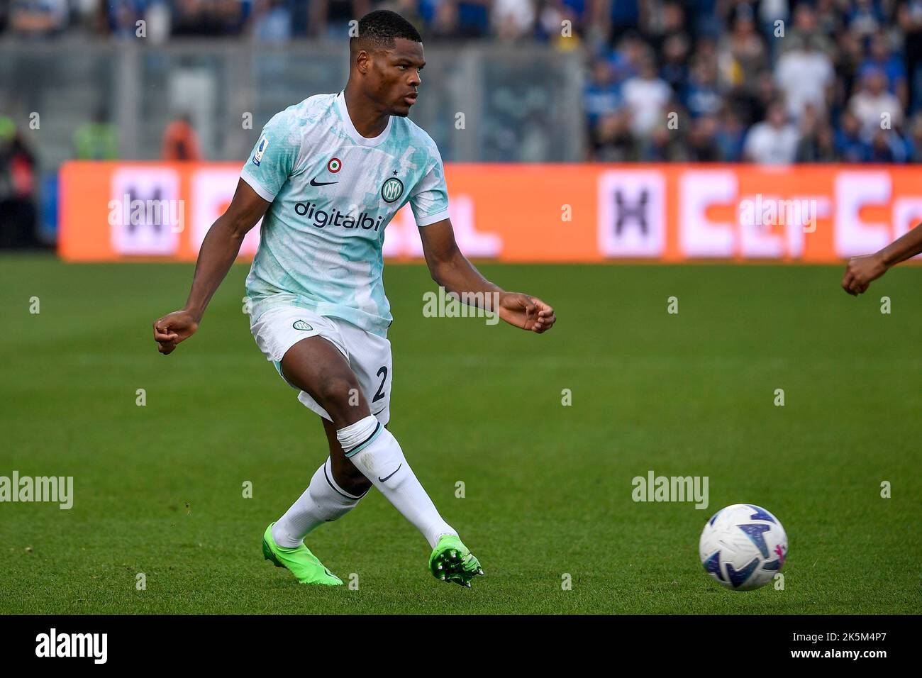 Denzel Dumfries of Fc Internazionale in action during the Serie A football match between US Sassuolo and FC Internazionale at Citta del Tricolore stad Stock Photo