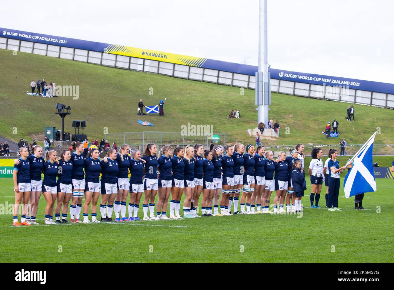 Scotland players during the national anthem before the Women's Rugby World Cup group stage match at the Semenoff Stadium, Whangarei. Picture date: Sunday October 9, 2022. Stock Photo