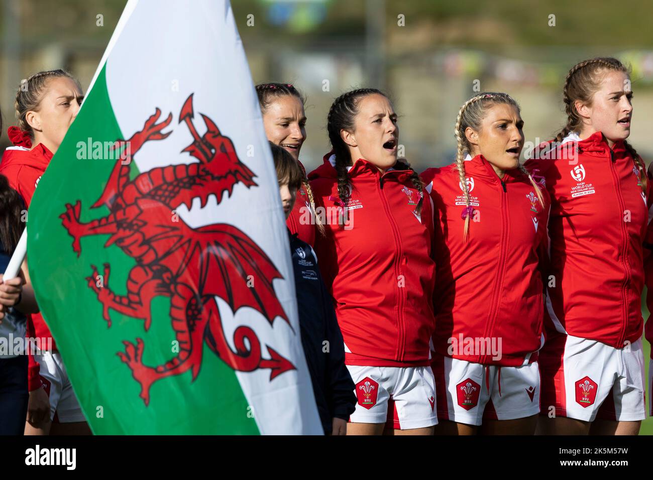 Wales players during the national anthem before the Women's Rugby World Cup group stage match at the Semenoff Stadium, Whangarei. Picture date: Sunday October 9, 2022. Stock Photo