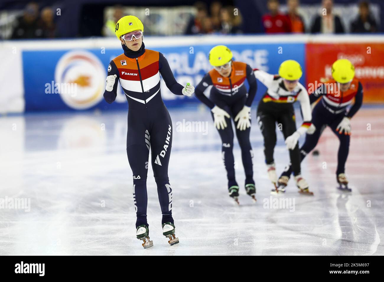 HeereNVEEN - Short tracker Xandra Velzeboer reacts after winning the ...
