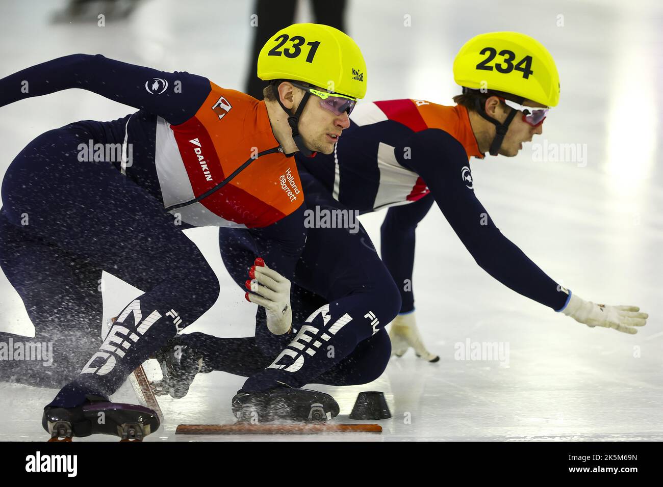 HeereNVEEN - Short trackers Kay Huisman, Bram Steenaart(lr) duel in the final 1000 meters in Thialf at the Dutch Open Shorttrack, the first international showdown of this season. ANP VINCENT JANNINK Stock Photo