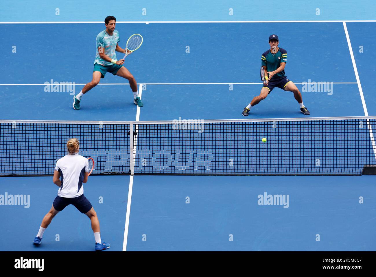 Tokyo, Japan. 9th Oct, 2022. (Up L to R) Marcelo MELO (BRA) and Mackenzie MCDONALD (USA) in action against Rafael MATOS (BRA) during their Doubles Final match at the Rakuten Japan Open Tennis Championships 2022 at Ariake Coliseum. The tournament is held from October 1 to 9. M. McDonald and M. Melo won 6:4, 3:6, 10:4. (Credit Image: © Rodrigo Reyes Marin/ZUMA Press Wire) Credit: ZUMA Press, Inc./Alamy Live News Stock Photo