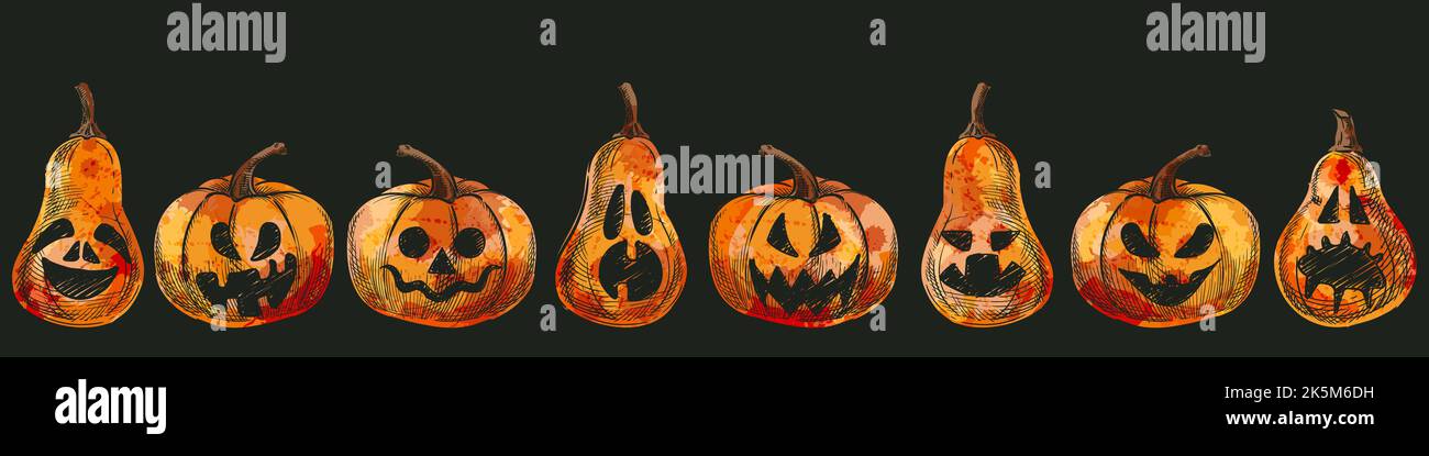 Halloween spooky emotion pumpkins icons collection. Vector hand drawn sketch illustration. Jack o lanterns face expression. Holidays celebration water Stock Vector