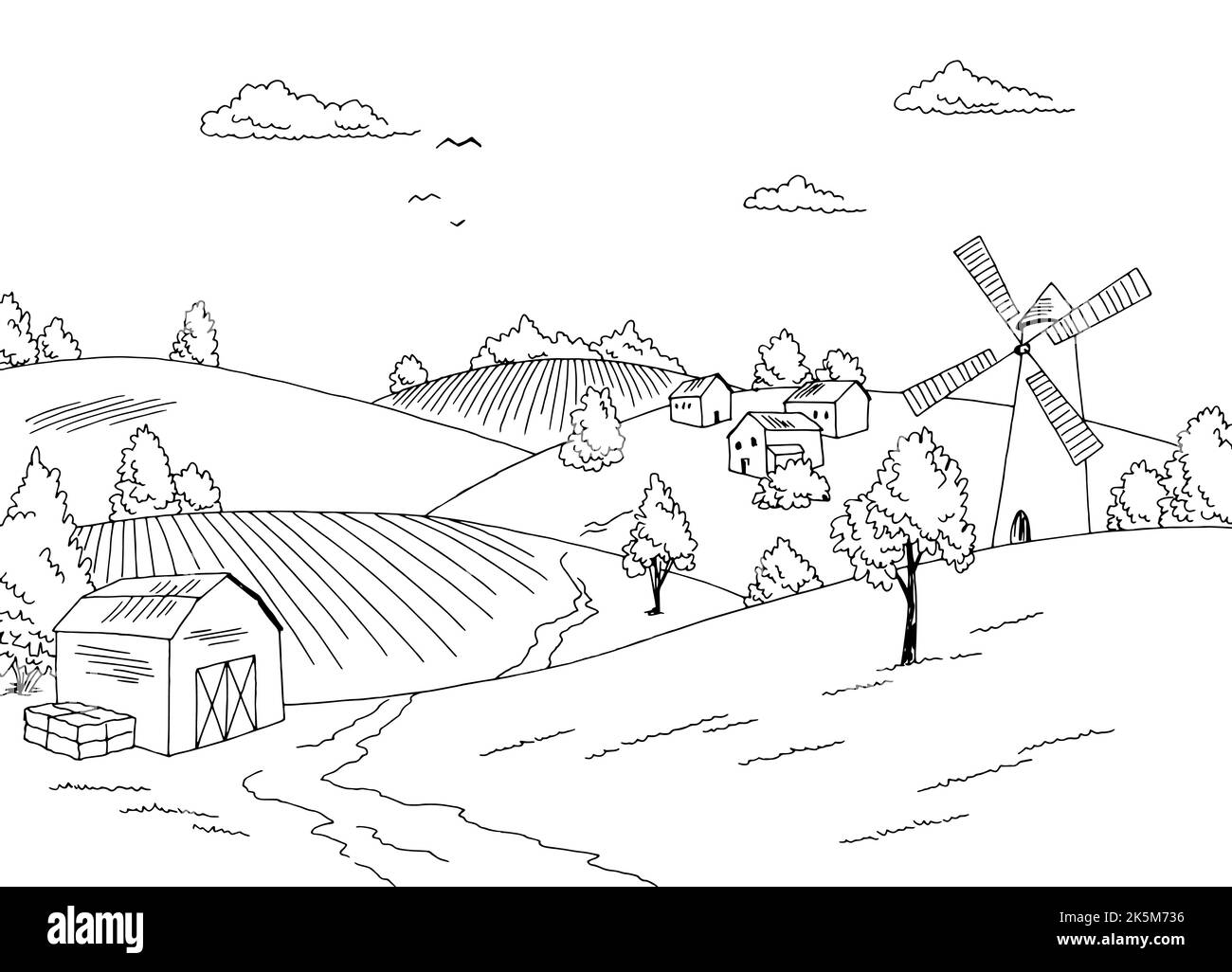 Farm field graphic black white landscape sketch illustration vector Stock Vector