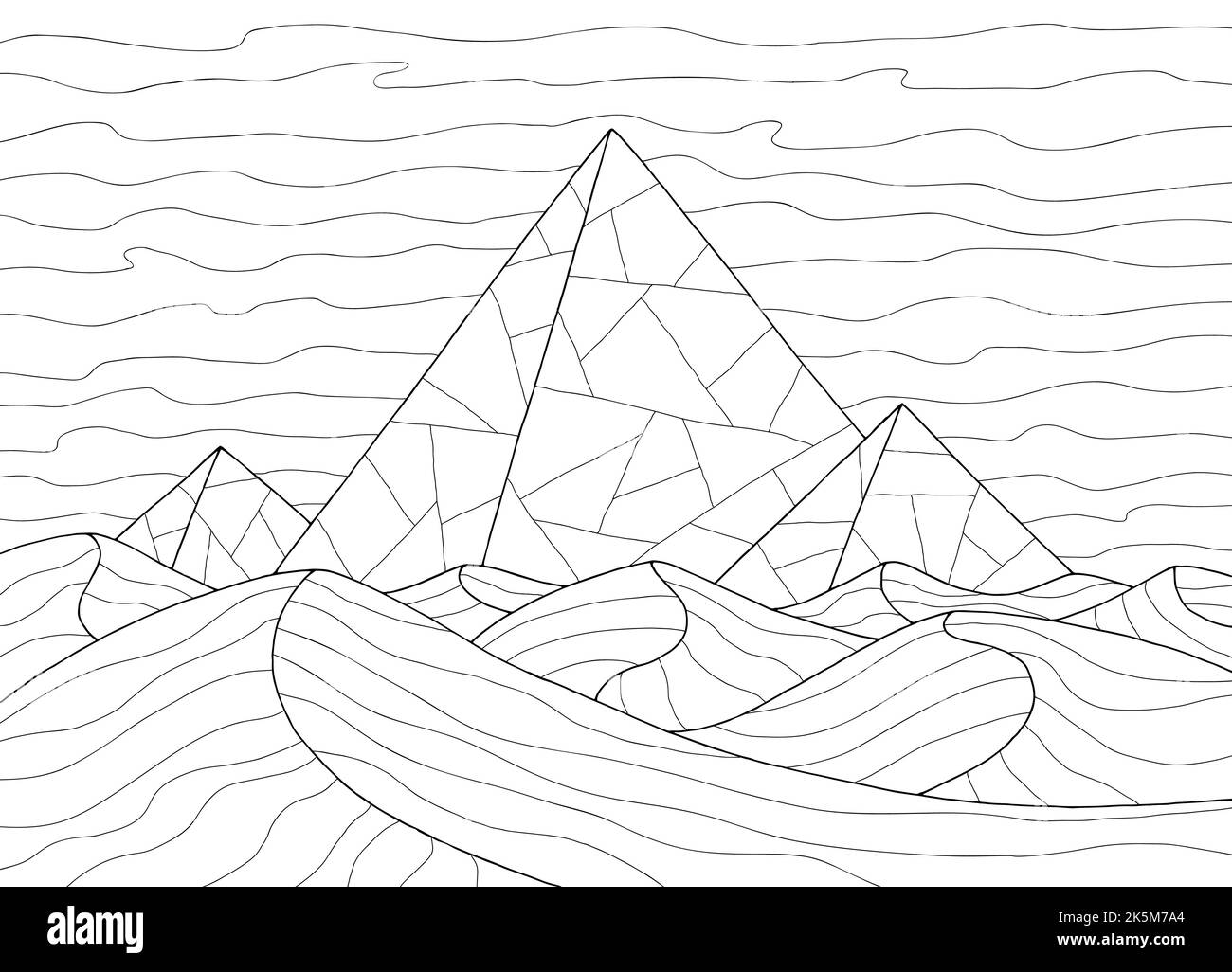 Desert pyramid coloring graphic black white landscape sketch illustration vector Stock Vector