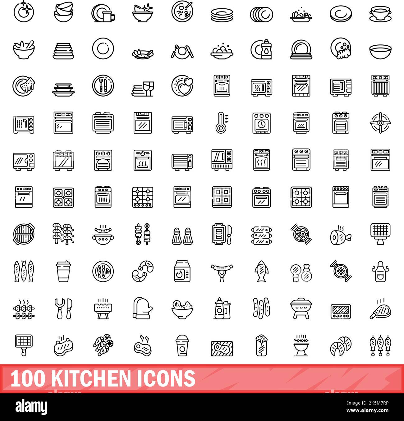 100 kitchen icons set. Outline illustration of 100 kitchen icons vector ...
