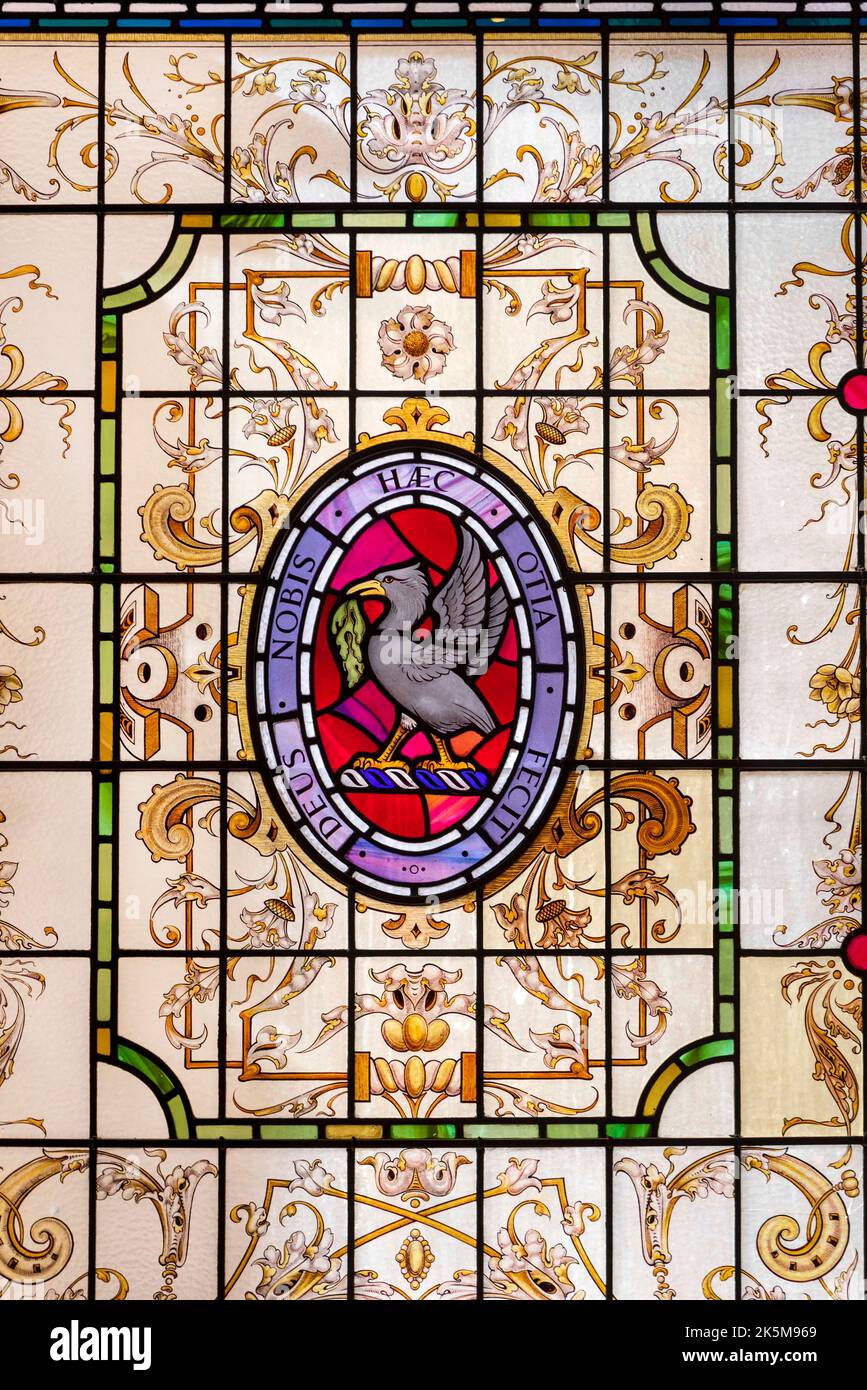 Liverbird stained glass window in the Double Tree Hilton hotel in Liverpool. Stock Photo