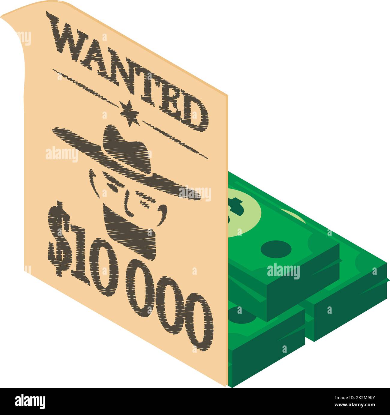 Wild west icon isometric vector. Wanted poster and stack of dollar banknote icon. Texas wild west, western Stock Vector