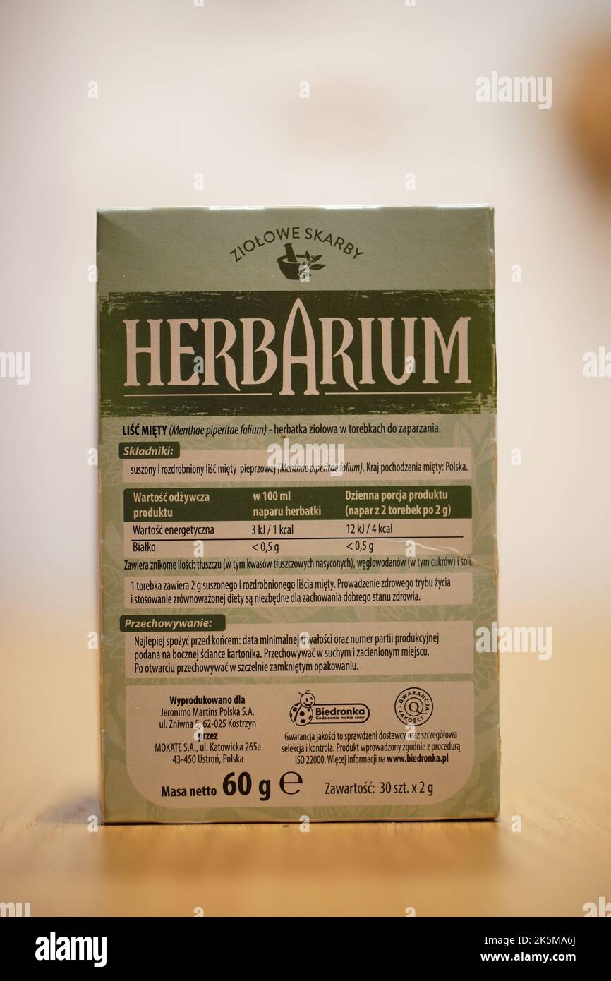 A Polish Herbarium mint herbal tea in a box showing instructions Stock  Photo - Alamy