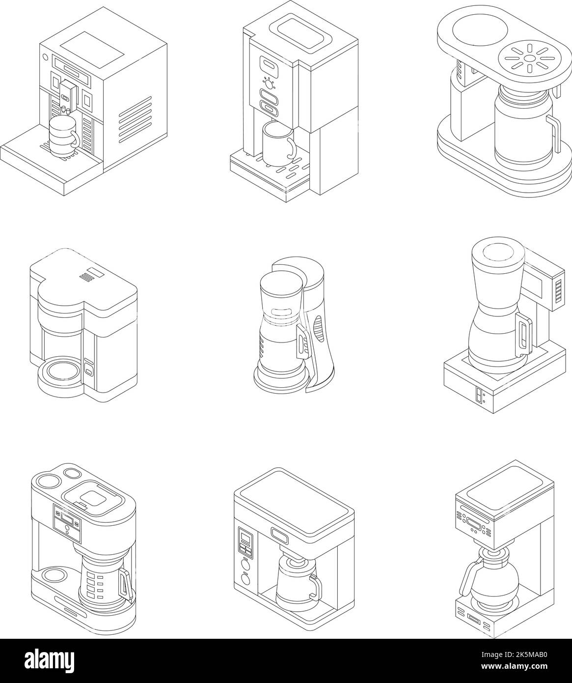 Coffee maker icon set. Isometric set of coffee maker vector icons outline thin lne isolated on