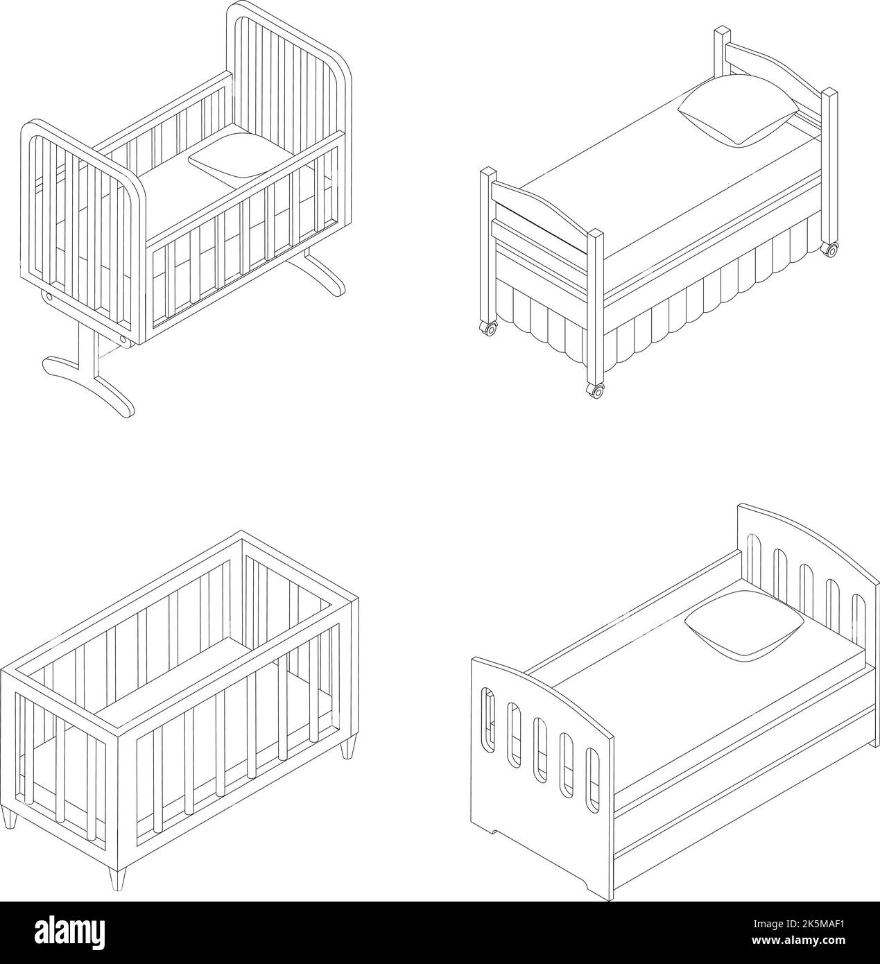 Crib icon set. Isometric set of crib vector icons outline thin lne