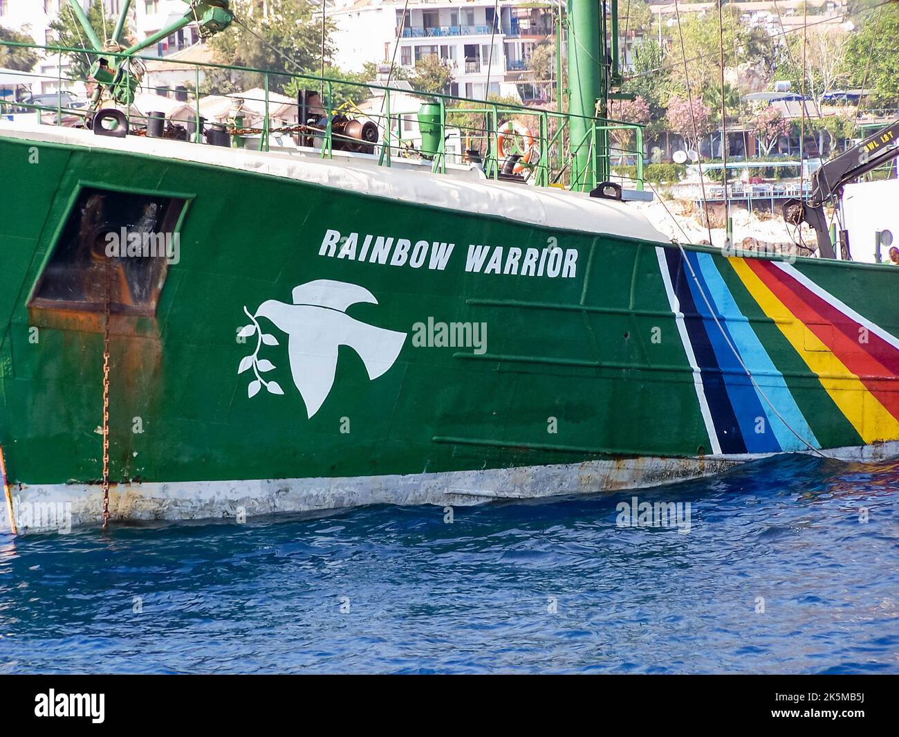 Kas, Turkey. 27 Jul 2006 - Greenpeace Rainbow Warrior is anchored off the coast of Turkey during a tour. Stock Photo