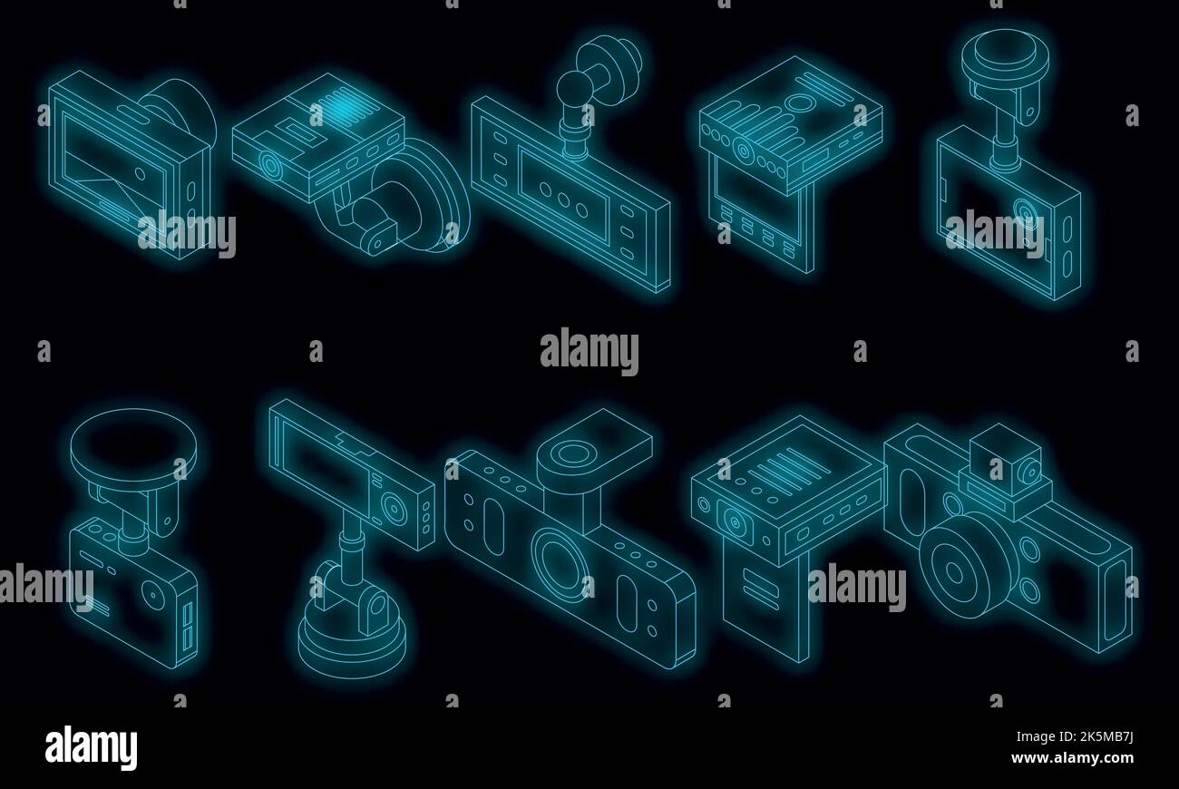 DVR icons set. Isometric set of DVR vector icons neon color on black ...