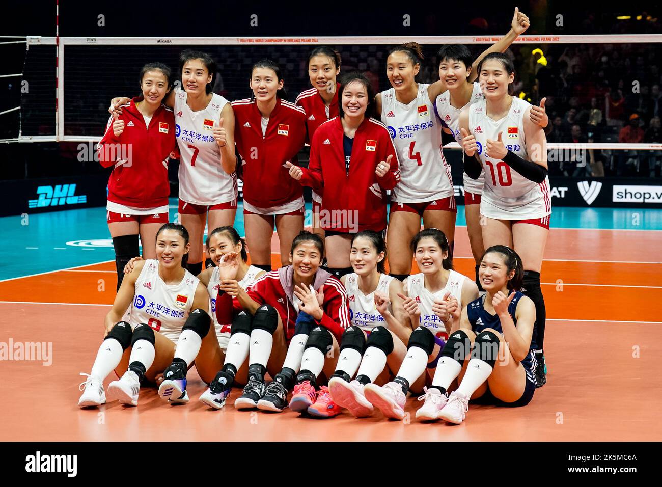 ROTTERDAM, NETHERLANDS - OCTOBER 9: Weiyi Wang of China, Peiyan Chen of China, Xia Ding of China, Yingying Li of China, Yizhu Wang of China, Yunlu Wang of China, Ye Jin of China, Yuanyuan Wang of China, Yi Gao of China, Hanyu Yang of China, Linyu Diao of China, Mengjie Wang of China and Xinyue Yuan of China celebrate their win during the Pool E Phase 2 match between China and Belgium on Day 16 of the FIVB Volleyball Womens World Championship 2022 at the Rotterdam Ahoy on October 9, 2022 in Rotterdam, Netherlands (Photo by Rene Nijhuis/Orange Pictures) Stock Photo