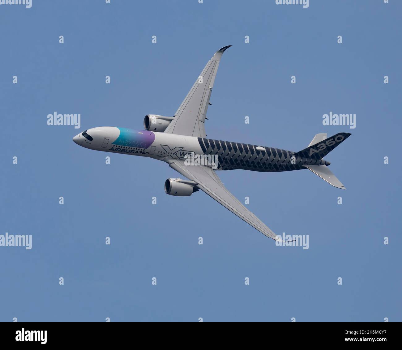 The Airbus A350 commercial airliner flying at the 2022 Farnborough International Air Show Stock Photo
