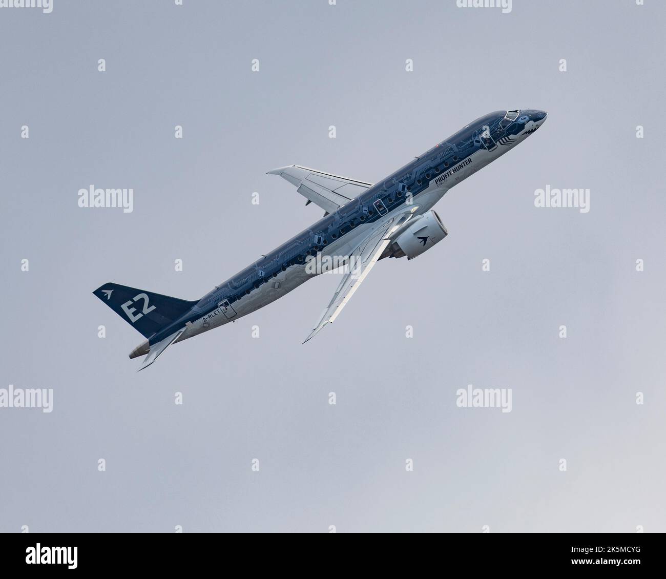 An Embraer E190-E2 flying at the 2022 Farnborough International Air Show Stock Photo