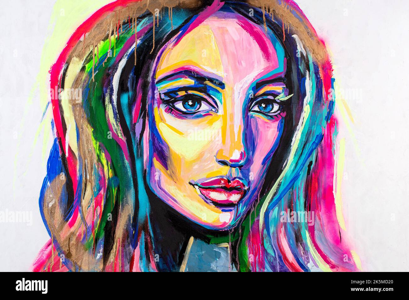 Creative painting, colorful portrait of pretty woman. Abstract colorful paint. Modern, tender multicolor futuristic dynamic awesome artwork. Bright Stock Photo
