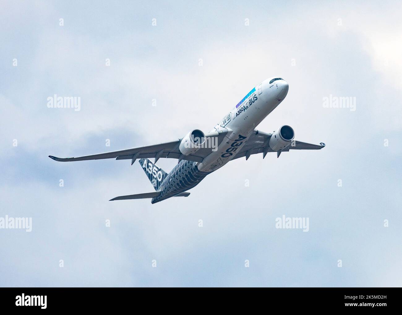 The Airbus A350 commercial airliner flying at the 2022 Farnborough International Air Show Stock Photo