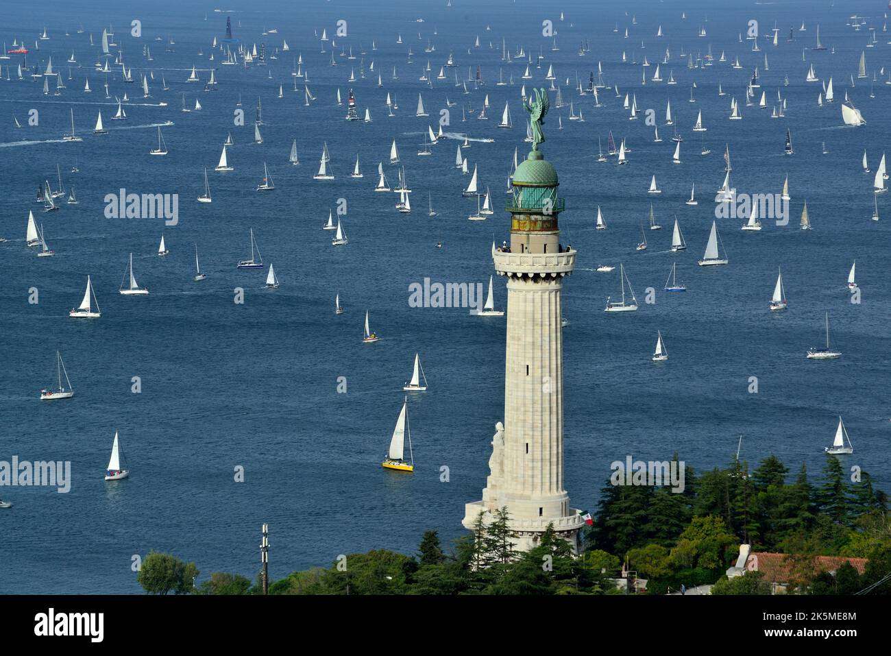 Trieste, Italy. October 9th, 2022. Barcolana number 54. 1614 sailboats at the start of the largest regatta in the world. The American Deep Blue, 26 meters and 25 tons,with Wendy Schmidt at the helm, triumphs. The first Barcolana won by a woman. Stock Photo