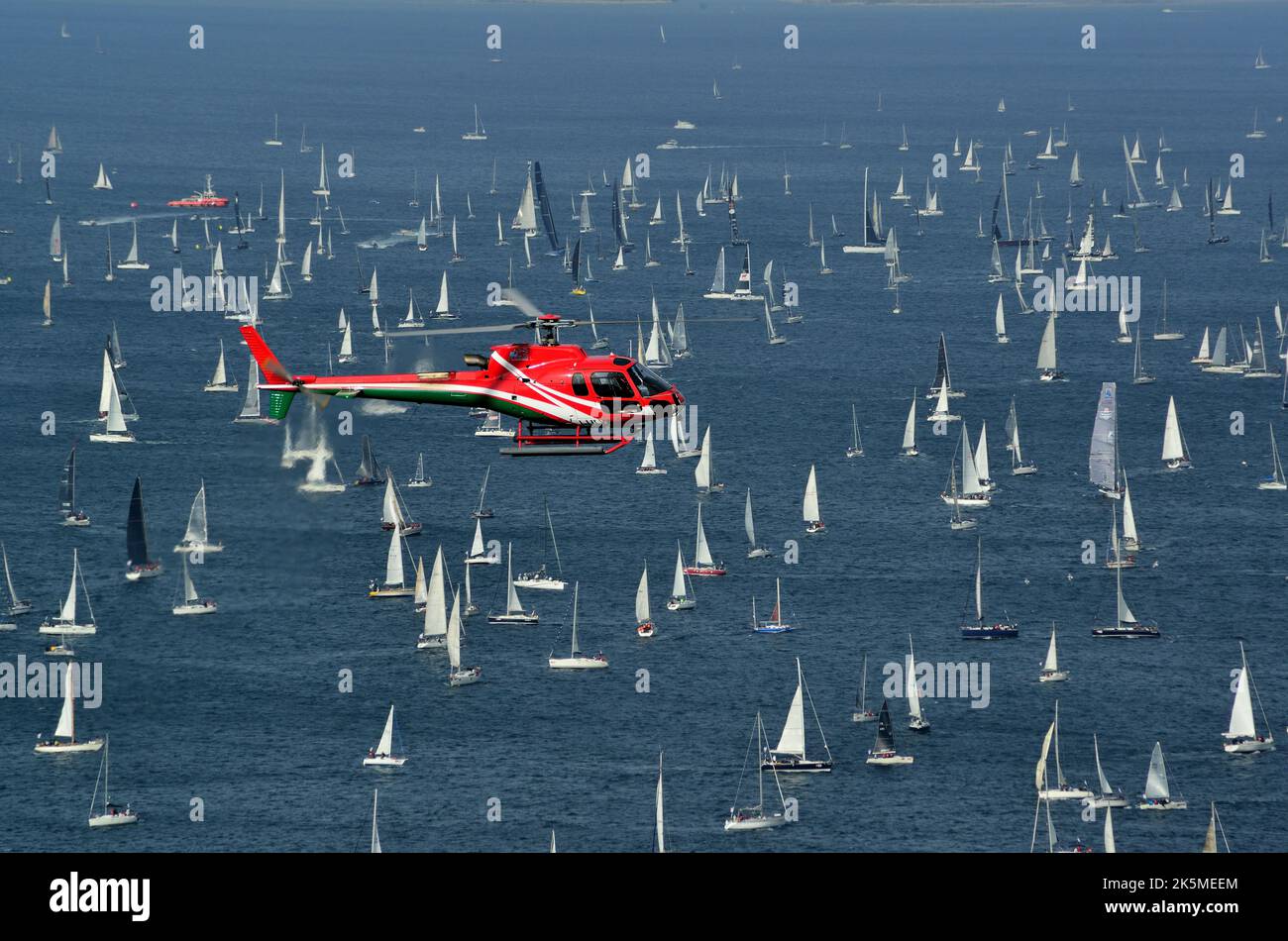 Trieste, Italy. October 9th, 2022. Barcolana number 54. 1614 sailboats at the start of the largest regatta in the world. The American Deep Blue, 26 meters and 25 tons,with Wendy Schmidt at the helm, triumphs. The first Barcolana won by a woman. Stock Photo