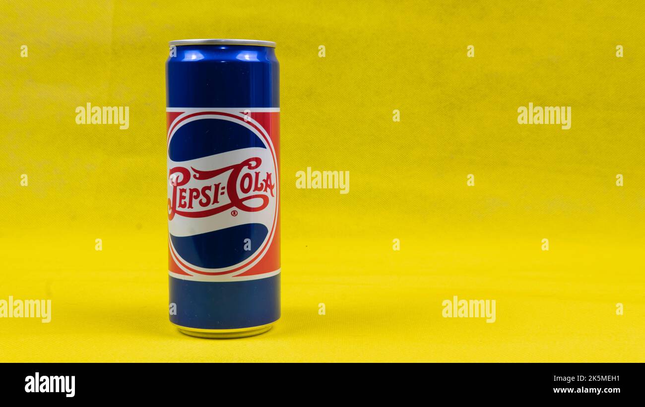Kuala Lumpur, Malaysia, 9 OCT 2022 - Pepsi drink in cans, special anniversary edition. Pepsi is a carbonated soft drink manufactured by PepsiCo. Stock Photo