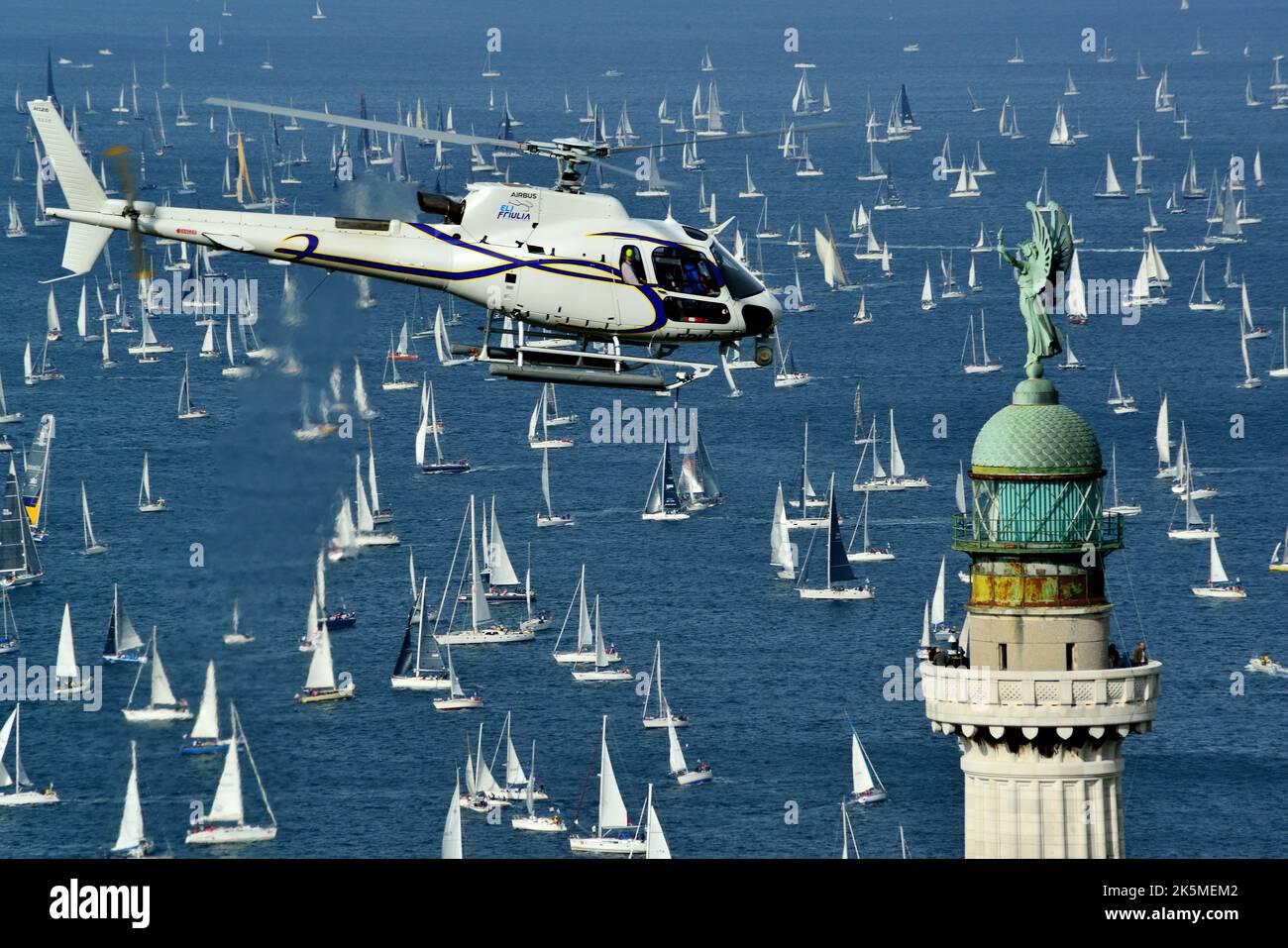 Trieste, Italy. October 9th, 2022. Barcolana number 54. 1614 sailboats at the start of the largest regatta in the world. The American Deep Blue, 26 meters and 25 tons,with Wendy at th helm, triumphs. The first Barcolana Won by a woman. Stock Photo