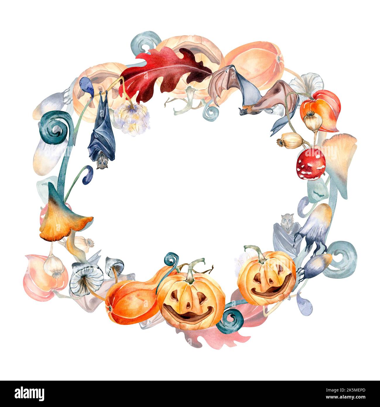 Halloween wreath with colorful pumpkins watercolor illustration ...
