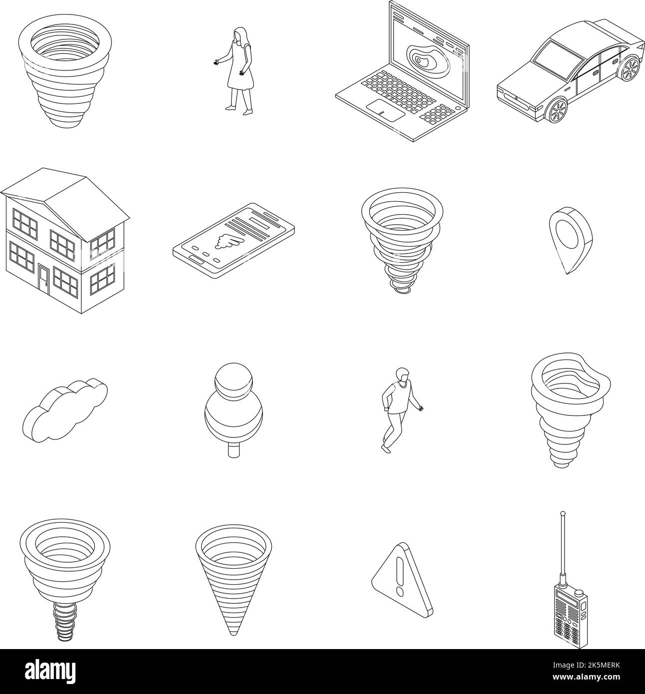 Tornado icons set. Isometric set of tornado vector icons outline thin ...