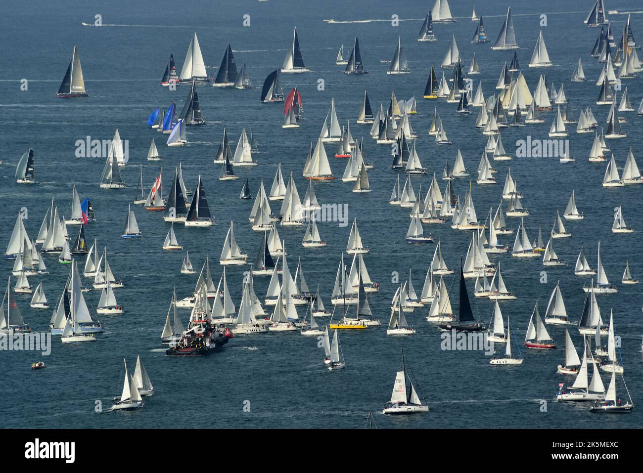 Trieste, Italy. October 9th, 2022. Barcolana number 54. 1614 sailboats at the start of the largest regatta in the world. The American Deep Blue, 26 meters and 25 tons,with Wendy Schmidt  at the helm, triumphs. The first Barcolana won by a woman. Stock Photo