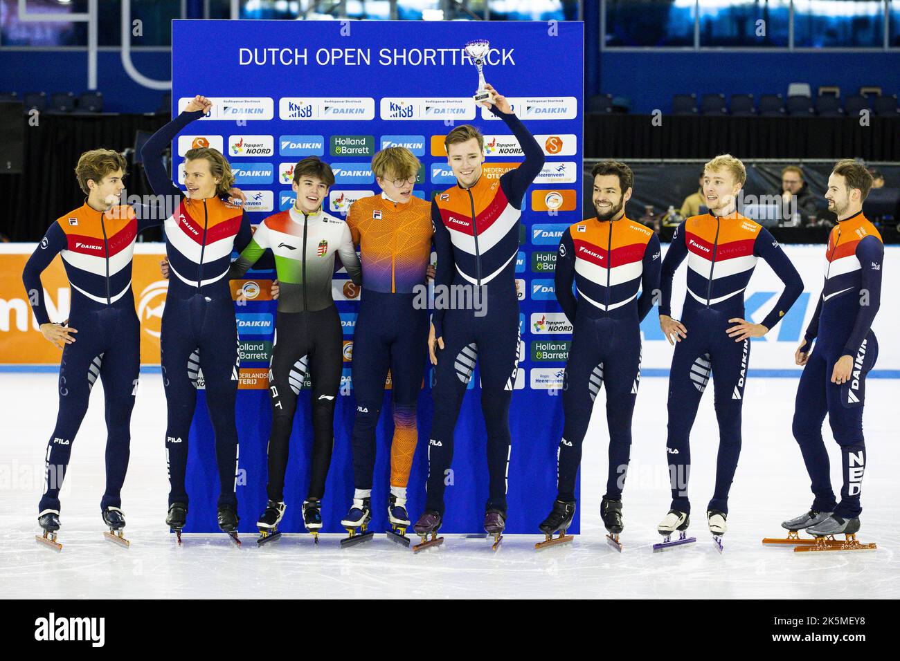 HeereNVEEN - The winning team cheers during the award ceremony in Thialf at the Dutch Open Short Track Speed Track, the first international showdown of this season. ANP VINCENT JANNINK Stock Photo