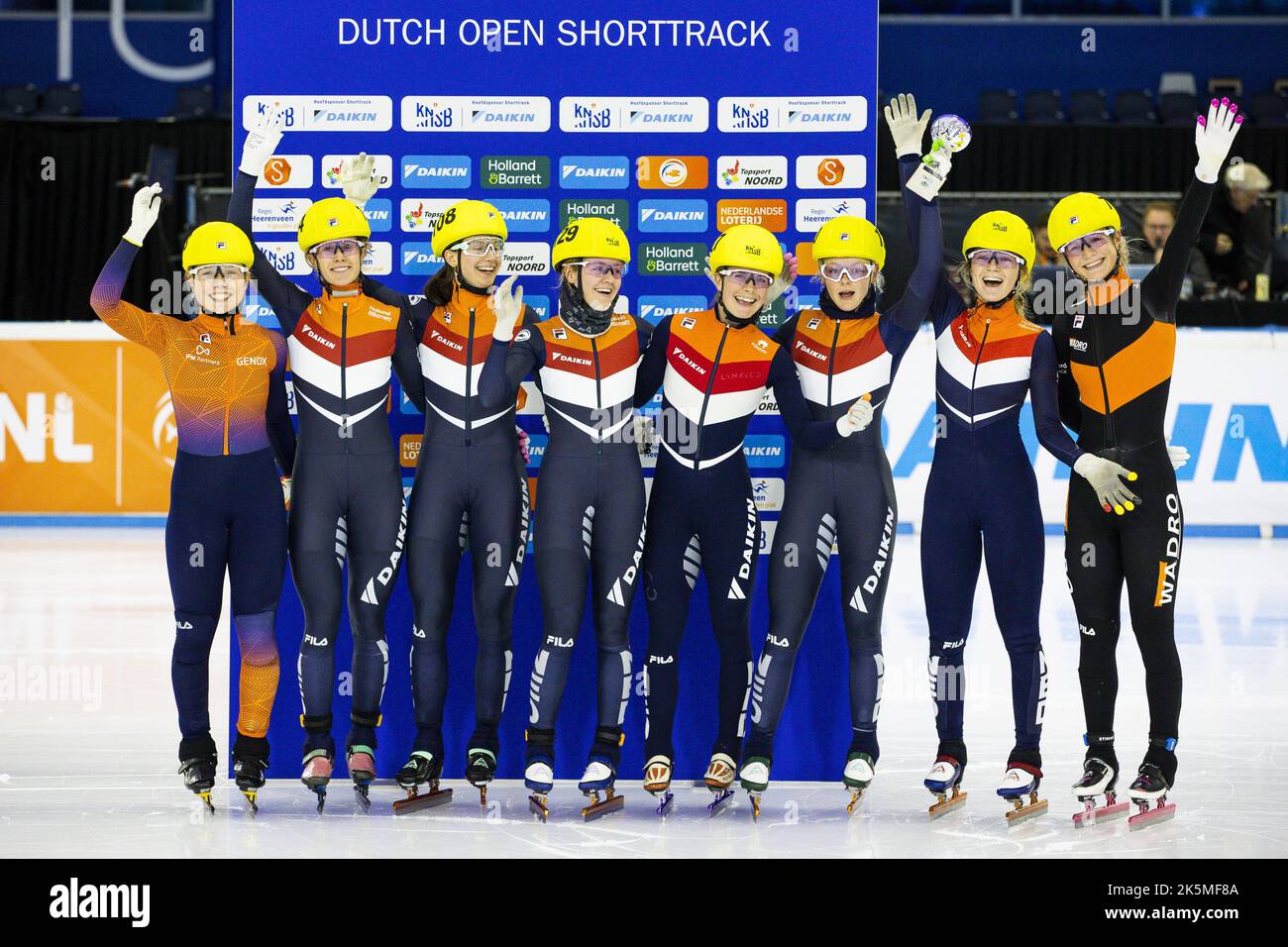 HeereNVEEN - The winning team cheers during the award ceremony in Thialf at the Dutch Open Short Track Speed Track, the first international showdown of this season. ANP VINCENT JANNINK Stock Photo