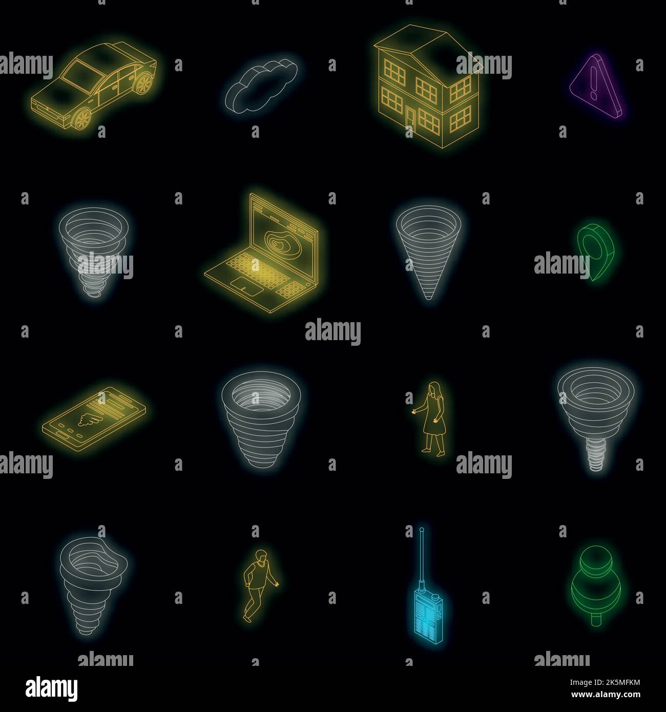 Tornado icons set. Isometric set of tornado vector icons neon color on ...