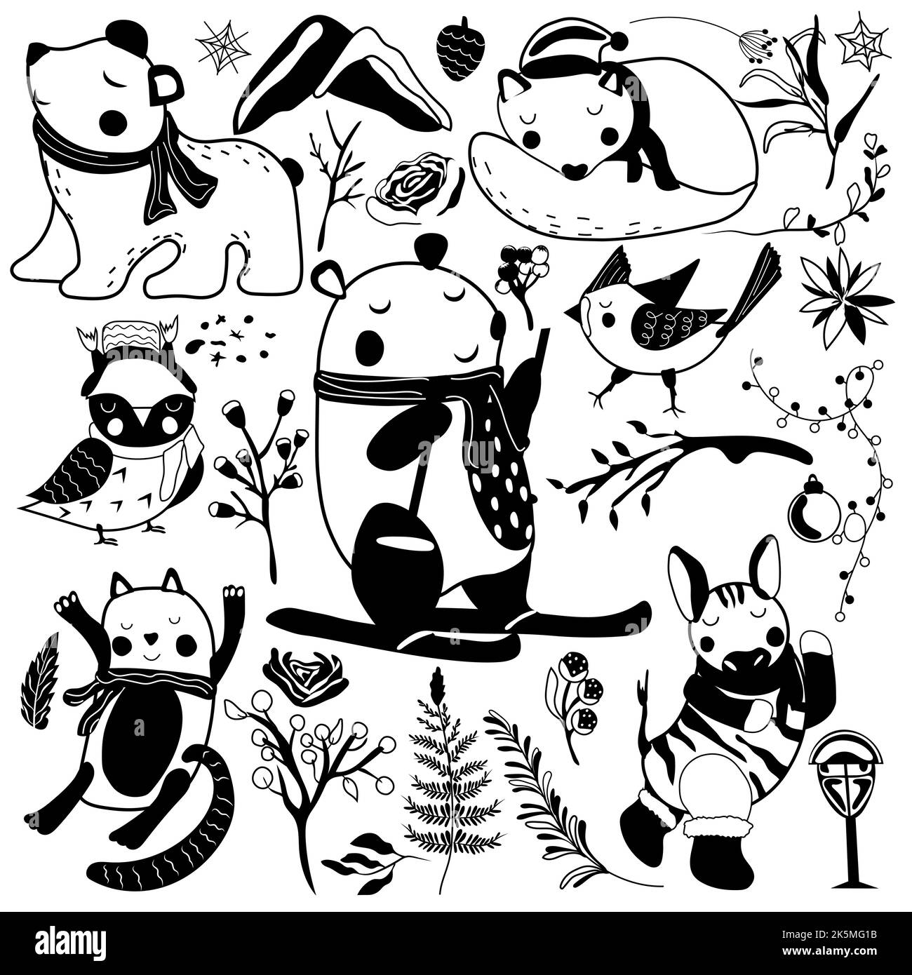 Black and white Magic winter animals, cute bear on skis, sleeping wolf, funny cat, polar bear, winter leaves and flowers. Scandinavian animals. Perfect for greeting cards, poster, postcard, banner. Stock Vector