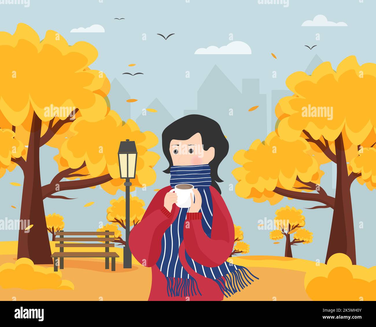 Print with a girl in a city park. Autumn Walk. Trees with yellow foliage, city, bench and lantern. Vector drawing. Stock Vector