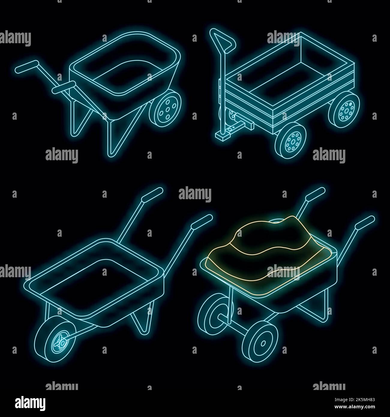 Wheelbarrow icons set. Isometric set of wheelbarrow vector icons neon color on black Stock Vector