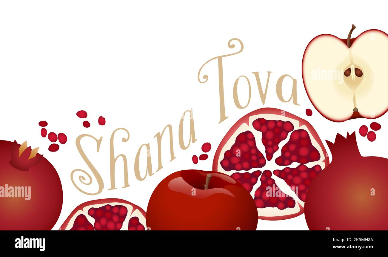 An apple and pomegranate Shana Tova design with text Stock Vector