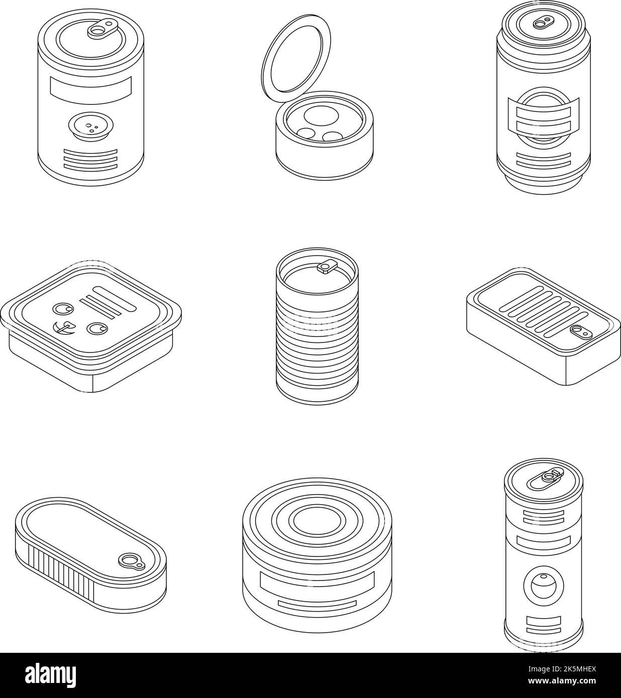 Tin can icons set. Isometric set of tin can vector icons outline thin