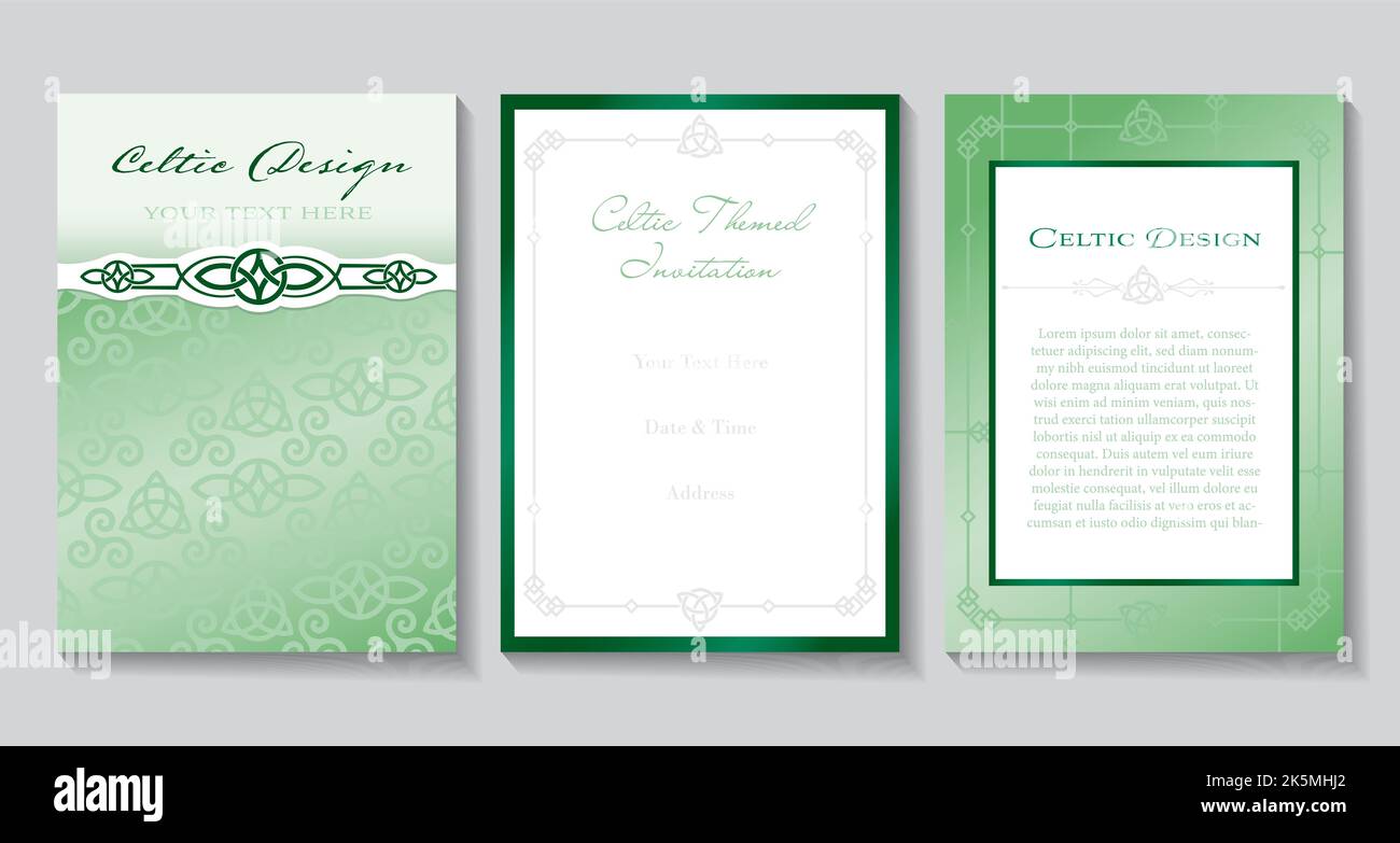 A set of elegant celtic themed invitations in greens and white Stock Vector