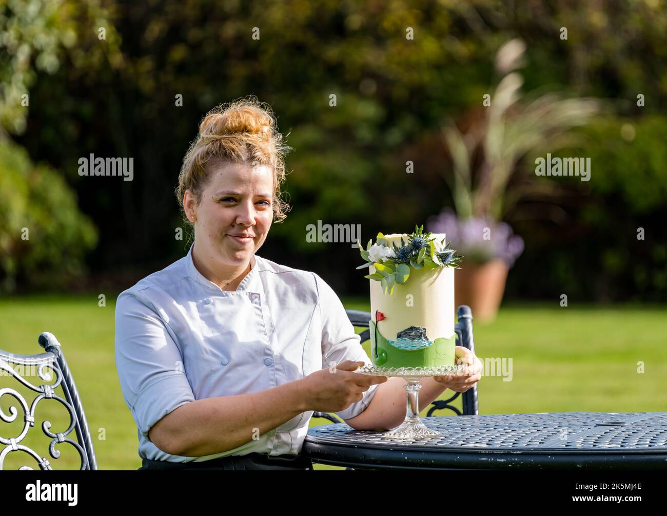 Head Pastry Chef Sarah Brion at the Lawn restaurant, Marine Hotel, celebrates its first birthday with a cake, North Berwick, Scotland, UK Stock Photo